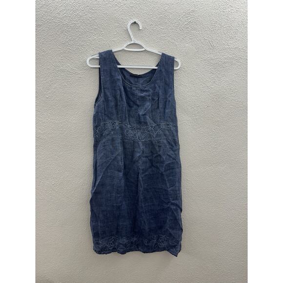 Lungo Larno Womens Dress Size Medium Sleeveless Chambray Linen Floral Detail - Picture 1 of 12